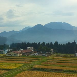 My first glimpse of Hakkaisan Mountain (back right) as I arrive for a year at Hakkaisan Brewery.